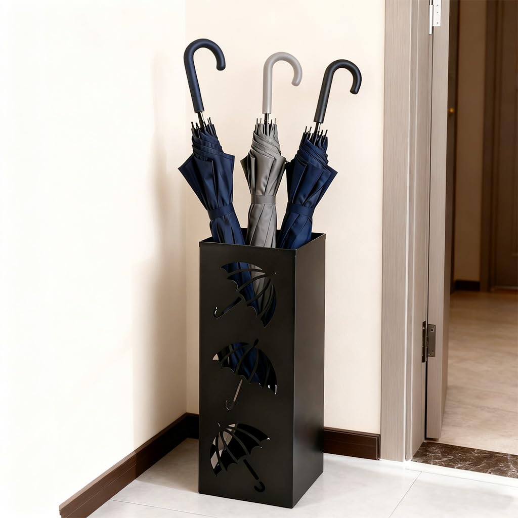 HASTHIP Metal Umbrella Holder Stand for Entryway with 16x16x42 cm Space Saving Design featuring Cut Out Clover Patterns | Black Decorative Indoor Organizer