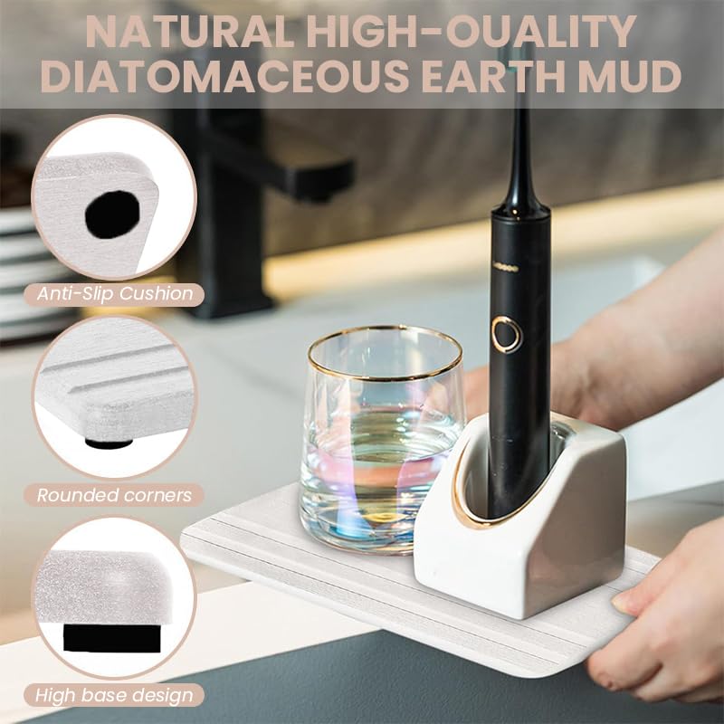 HASTHIP Bathroom Tray Absorbent Pads Set for Vanity Use featuring Non Slip Base and Quick Dry Diatom Mud | 3Pcs White Reusable Mats