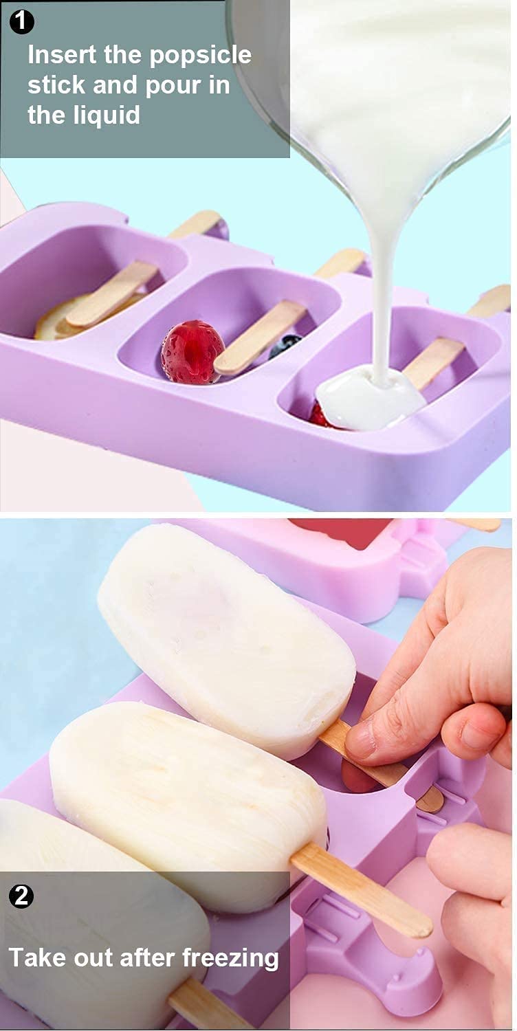 Cartoon kulfi Ice Cream Mold, Popsicle Mould Silicone, 2 Pieces in 6 Slots, with 100 Wooden Sticks, Reusable, Ice Cream Popsicle Maker, Easy Release