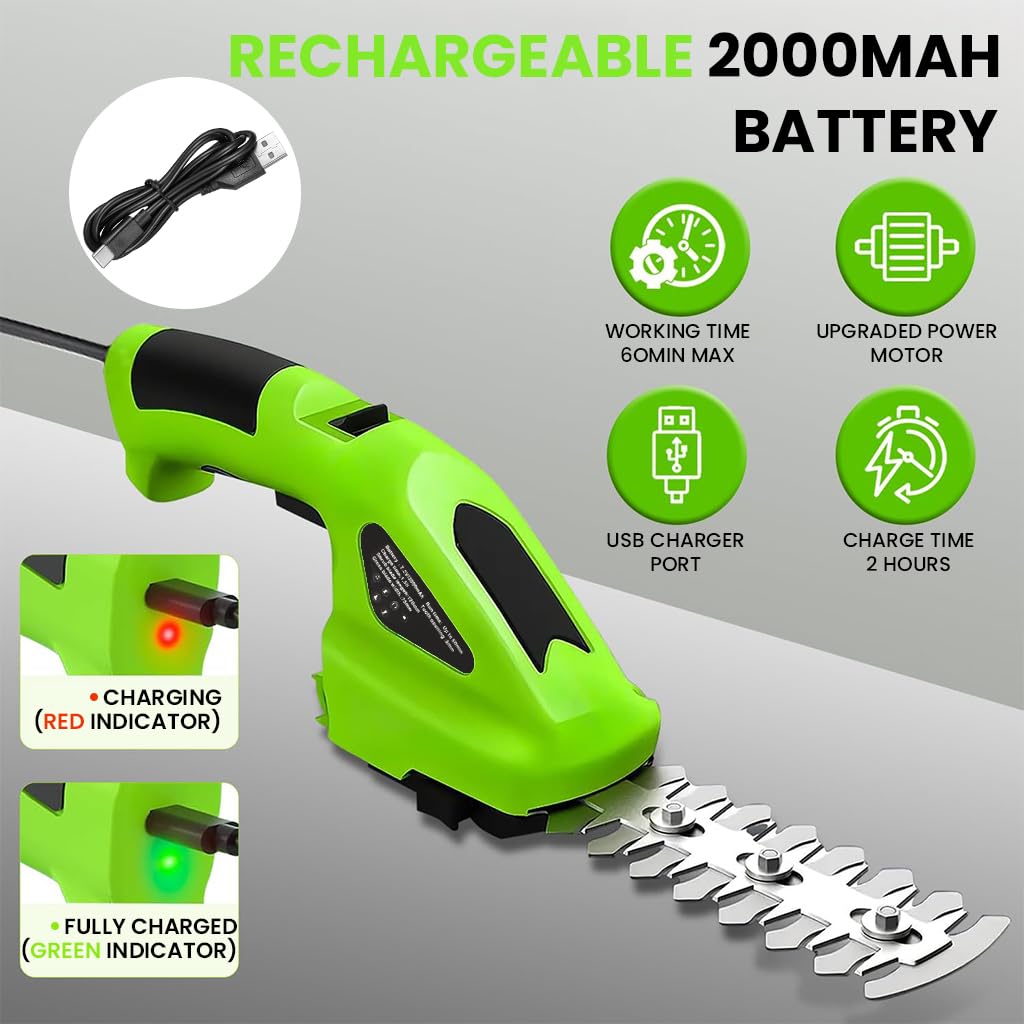 HASTHIP Handheld Cordless Grass Shear for Lawn and Hedge Trimming with 2000mAh USB Charging | 2 in 1 Interchangeable Blades