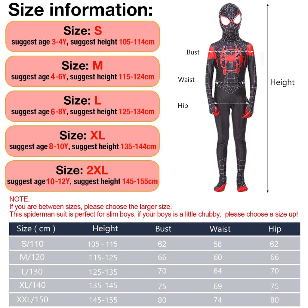 HASTHIP® Kids Spiderman Dress, Miles Morales Spider Man Costume for Kids, Superhero 3D Lenses Black Spider-Man Suit, Silk-Feel Fabric Fancy Jumpsuit & Mask for Boys Gift Halloween Cosplay XXL