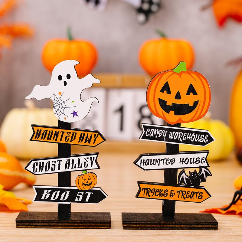 HASTHIP® 2Pcs Wooden Halloween Centerpiece Signs, Halloween Wooden Table Signs, Pumpkin and Ghost Table Decorations, Centerpiece Decorations for Indoor Outdoor Party