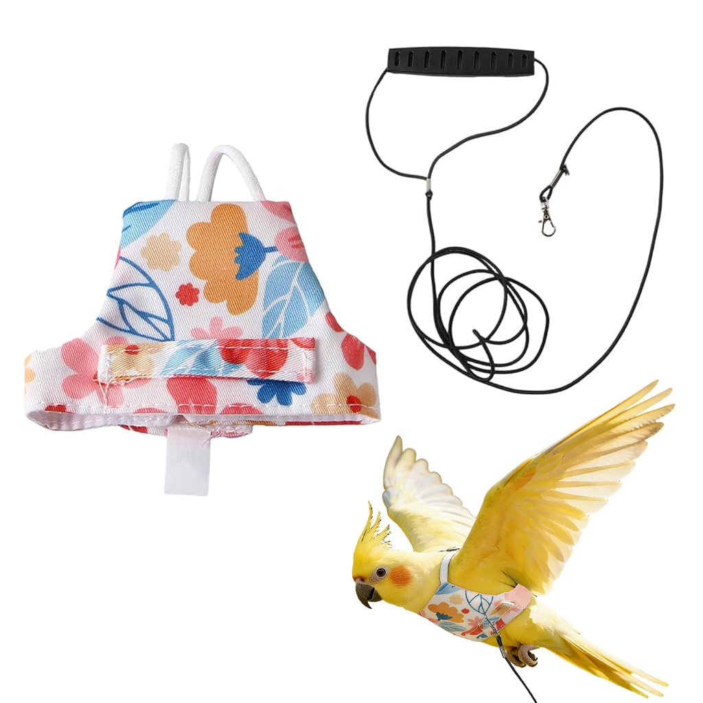 HASTHIP® Parrot Harness Floral Bird Harness, Adjustable Bird Harness Leash, 51'' Elastic Cord, Hook and Loop Closure, Non-escape Shoulder Strap, Bird Flying Clothing for Macaws Sparrow and Parakeet, M