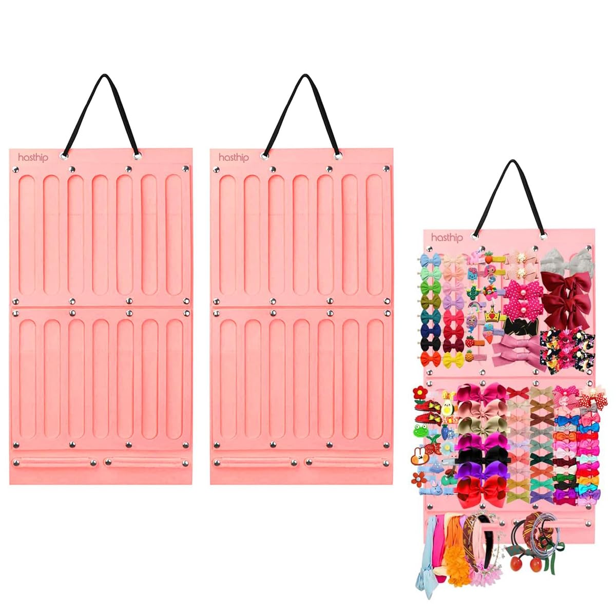 HASTHIP Hair Bows Holder for Girls featuring 16 Ribbons & 2 Carabiners | Soft Felt Wall Organizer