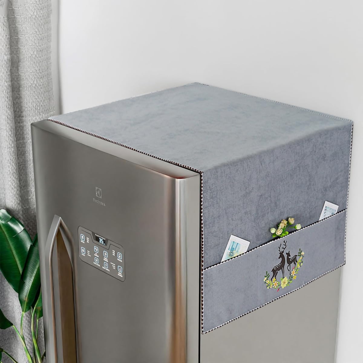 HASTHIP Fridge Dust Proof Cover for Double Door Use with Side Pockets 21.6 x 55 in Grey | Chenille Plush Design