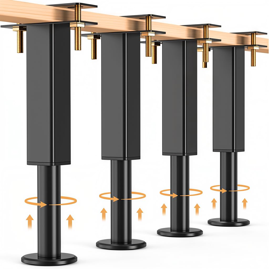 HASTHIP® 4Pcs Adjustable Height Bed Frame Support Legs, 7-12.5 inch Metal Legs, Heavy Duty Center Support Legs for Steel Bed Frame or Wooden Bed-Black