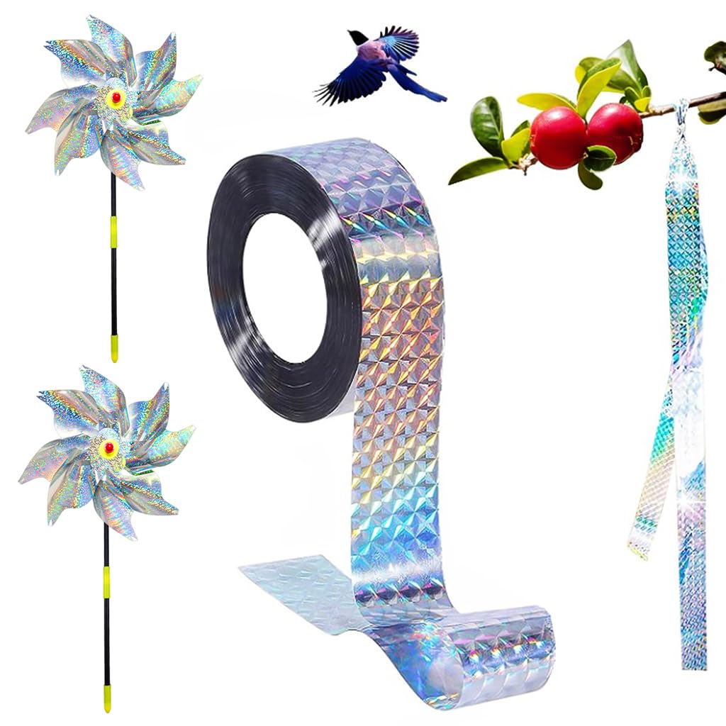HASTHIP Bird Repellent Set for Gardens with 2.4cm x 80m Reflective Belt and Silver Pinwheels | Weatherproof PET Design