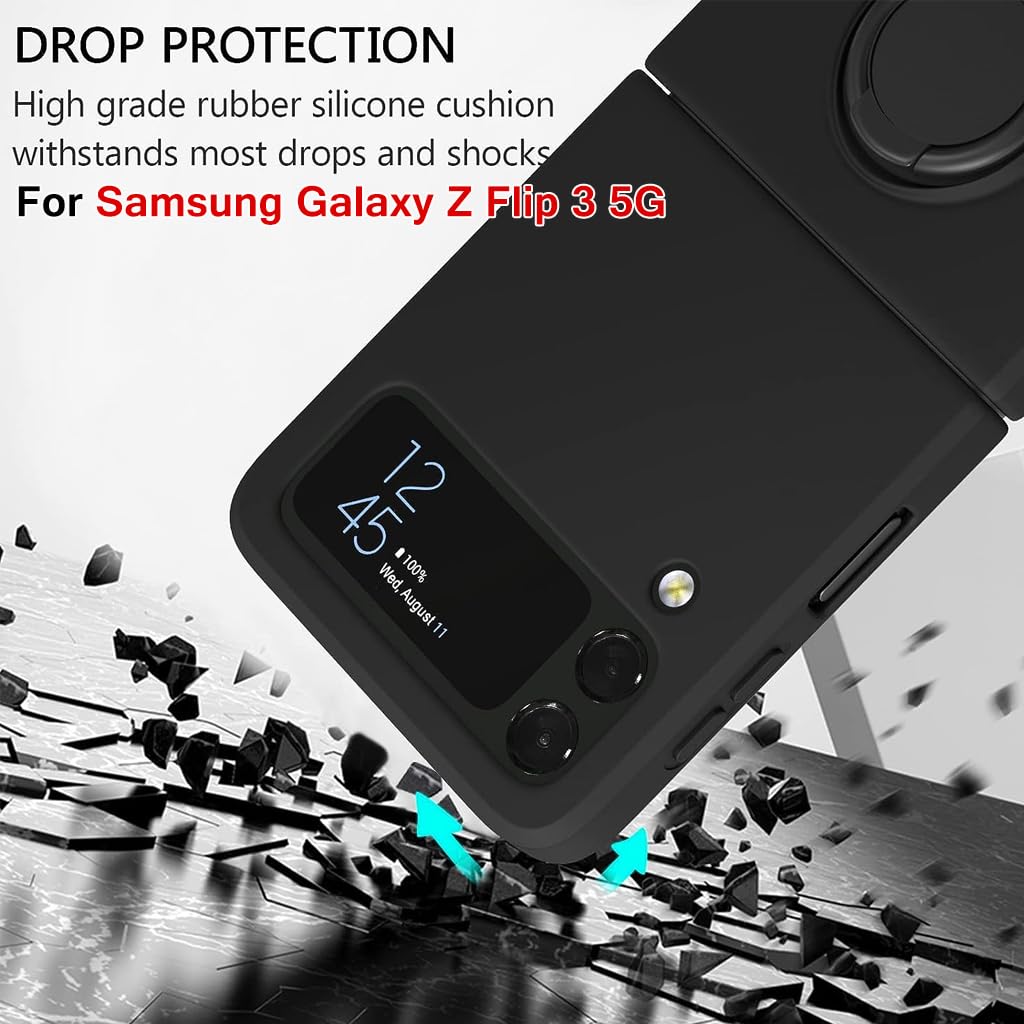 HASTHIP® Samsung Galaxy Z Flip 3 5G Case with Built-In Ring Grip, Anti-Scratch TPU, Shock Absorption, Slim Design, Wireless Charging Compatible, Matte Finish, Black