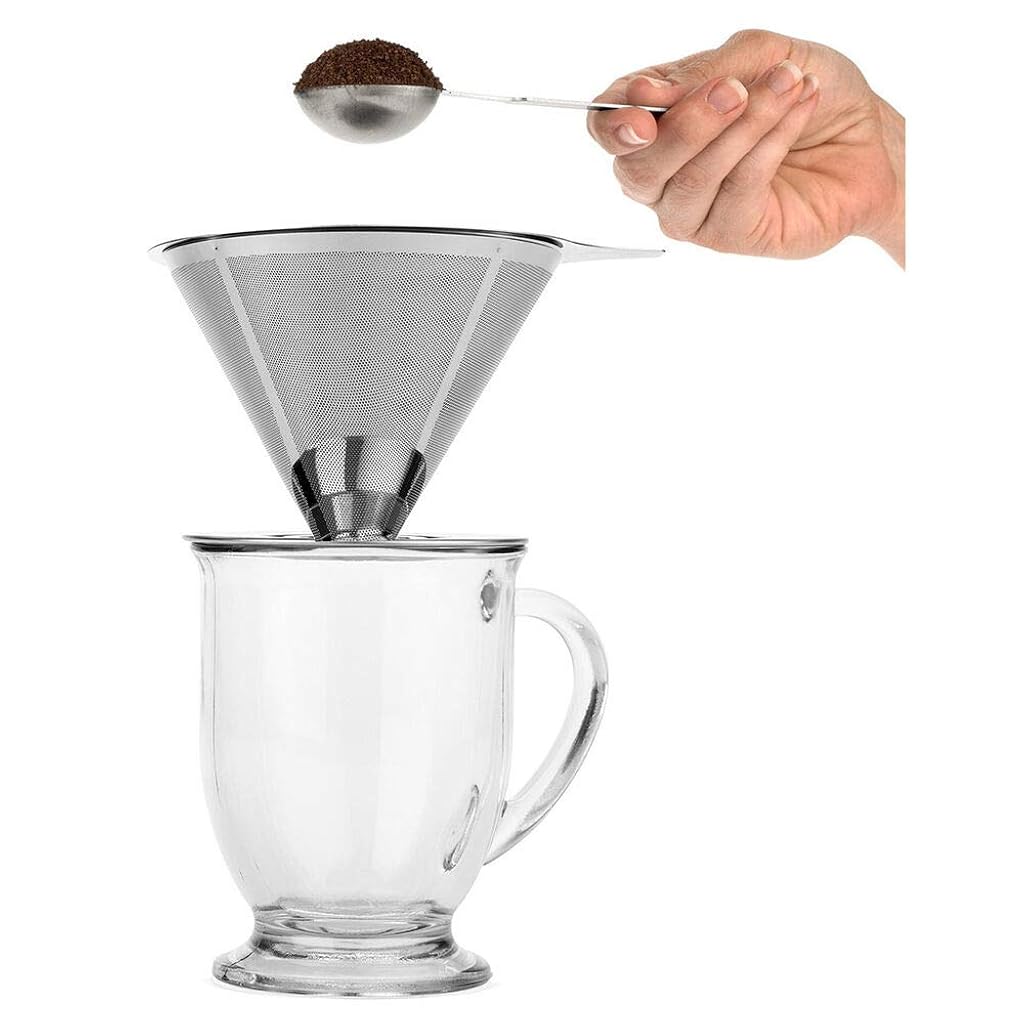 HASTHIP® Pour Over Coffee Dripper Stainless Steel Reusable Drip Cone Filter Paperless Metal Fine Mesh Strainer Brewer Maker 1-6 Cup with Non-Slip Stand Cleaning Brush 2 PCS