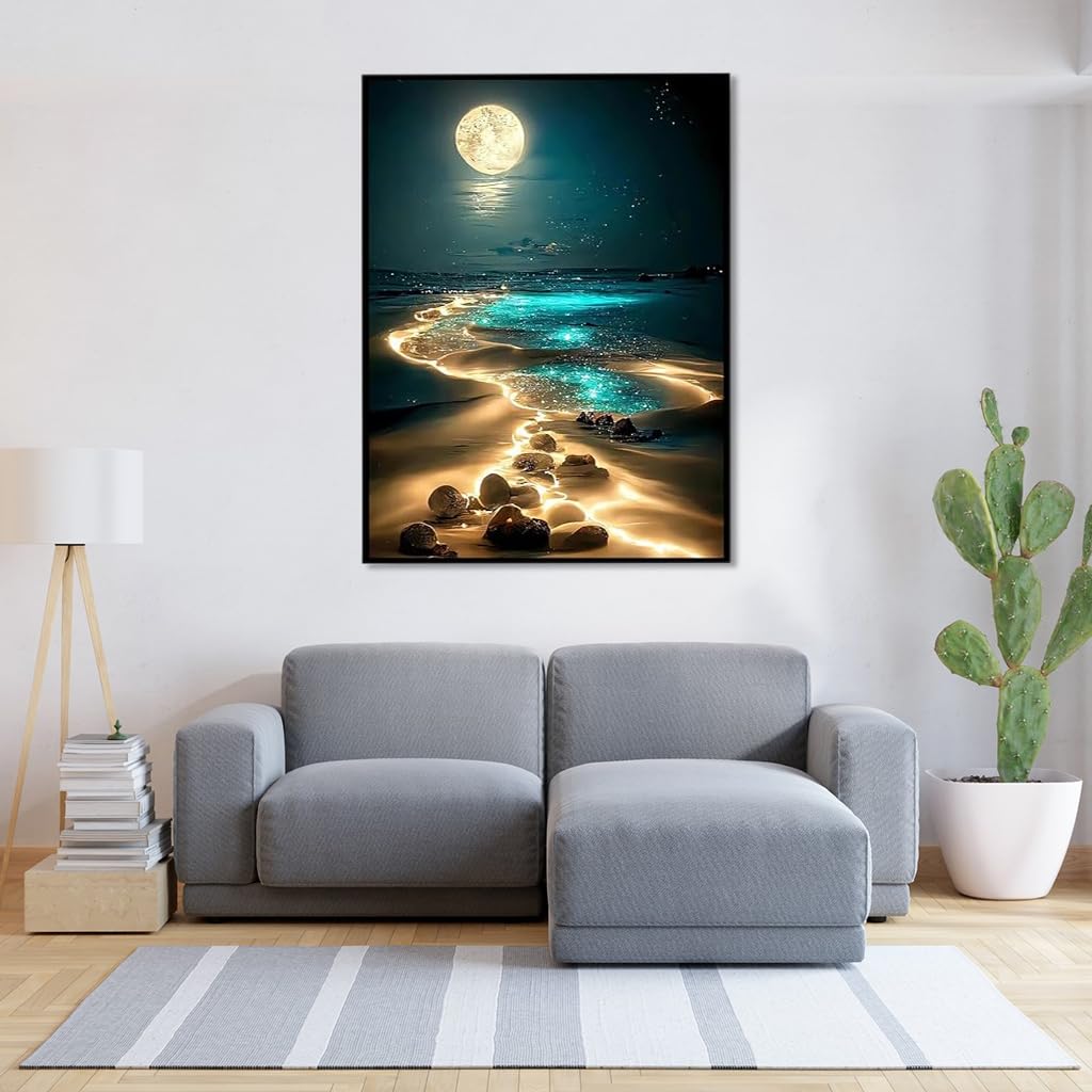 HASTHIP® DIY 5D Diamond Painting Art Kit Dreamy Beach Moonlit Night Diamond Painting Beginner DIY 5D Diamond Painting for Home Decor, No Frame Wall Decor 5D Diamond Painting, 12 x 16 Inch