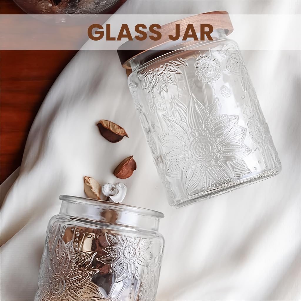 HASTHIP Mason Jar for Kitchen Storage with Airtight Wooden Lid and 24oz Glass Design | Vintage Embossed Food Container