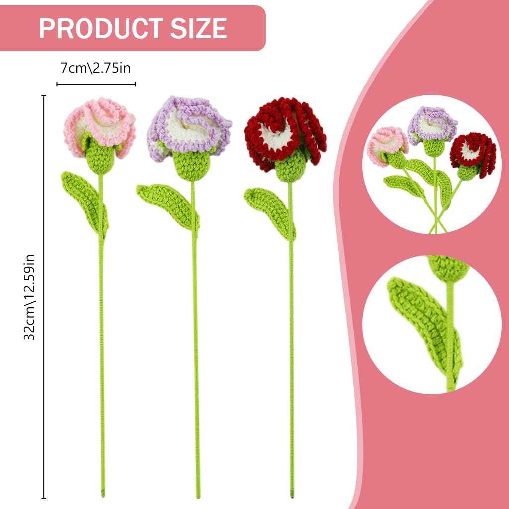 HASTHIP® 3Pcs Handmade Crochet Carnation Flowers for Home Decor Dual Color Crochet Carnation Flowers 16.53" Handmade Crochet Carnation Flowers