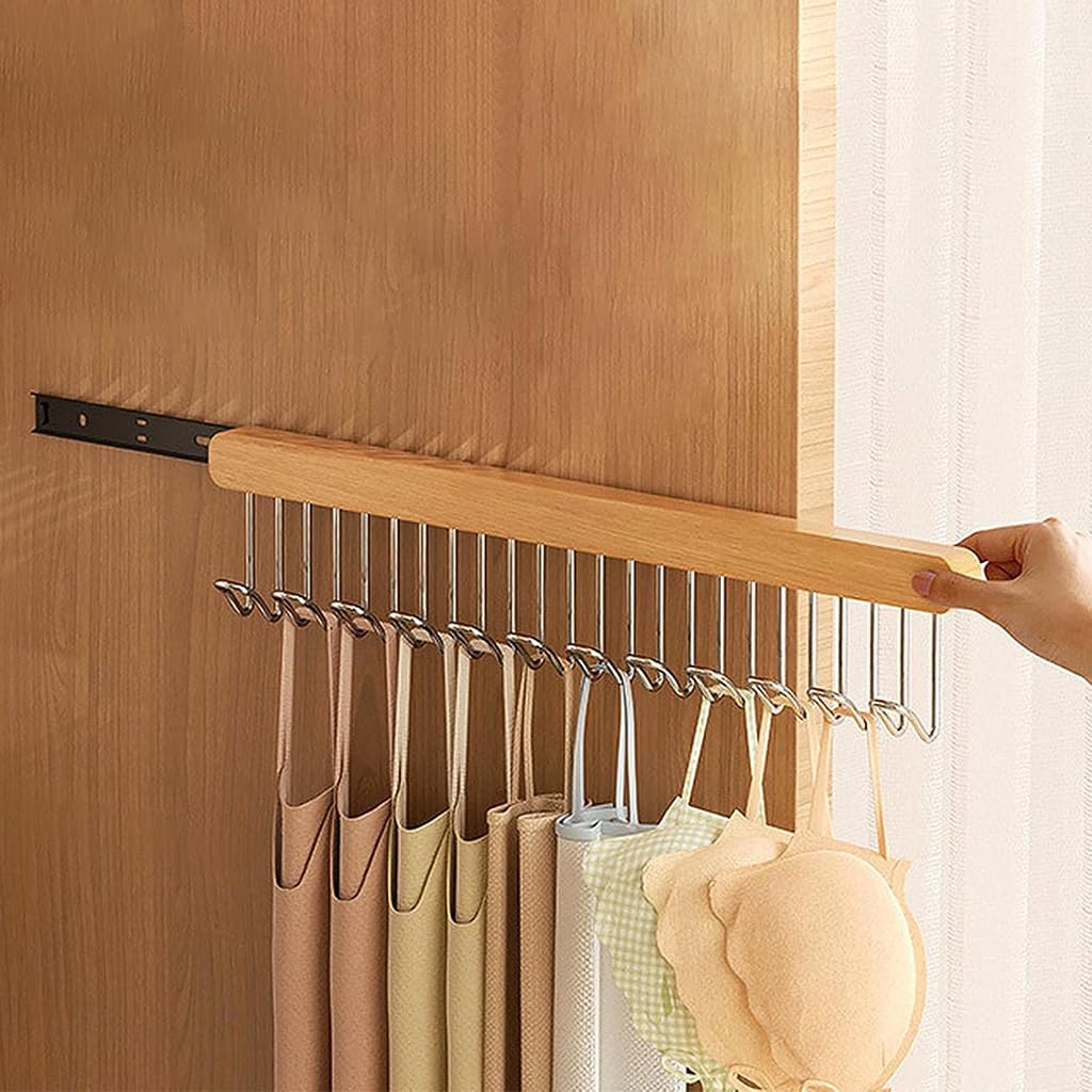 HASTHIP Wooden Hanger for Clothes with 12 Stainless Steel Hooks and Sliding Rack | 41x8cm Wall Mounted Drawer-Free Design