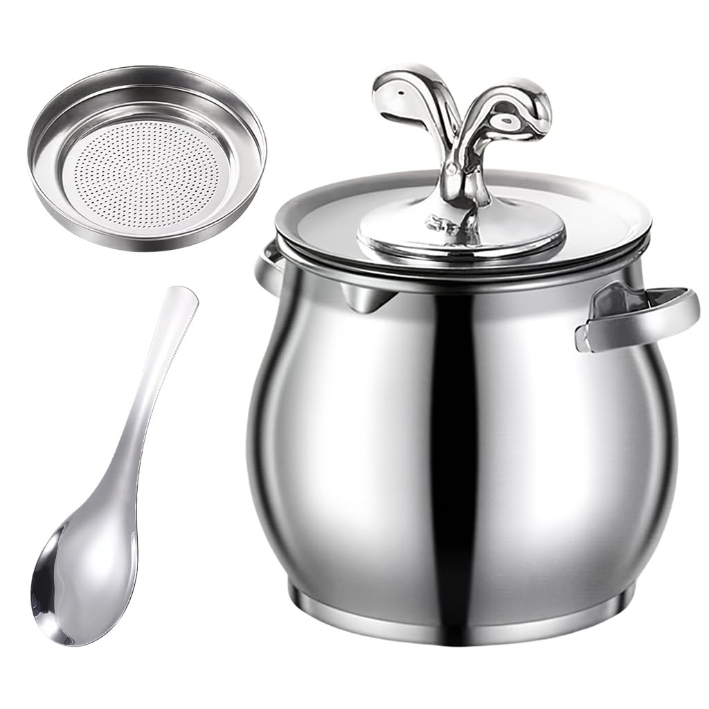 HASTHIP® 1.5L Stainless Steel Kitchen Oil Jar with Fine Mesh Strainer and Lid Kitchen Oil Pot with Dual Handles, Utility Grease Container for Filtering, Storing and Reusing Cooking Oil