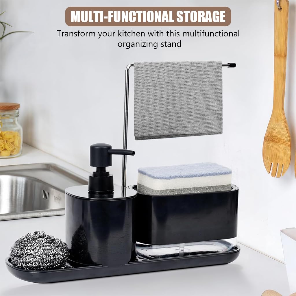 HASTHIP Metal Kitchen Soap Dispenser Set for Sink Organization with Sponge Rack Tray and Dishcloth Holder Black 3 PCS