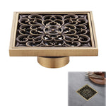 HASTHIP Bathroom Floor Drain for Shower with Self-Opening Anti-Odor Mechanism | 3.93 in Antique Brass Square Featuring Floral Cut-Out Cover