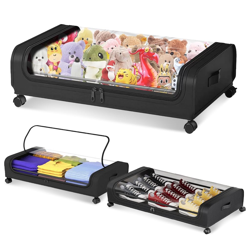 HASTHIP Under Bed Storage Organizer 32"x17"x6.3" with Wheels and Zip Cover in Black