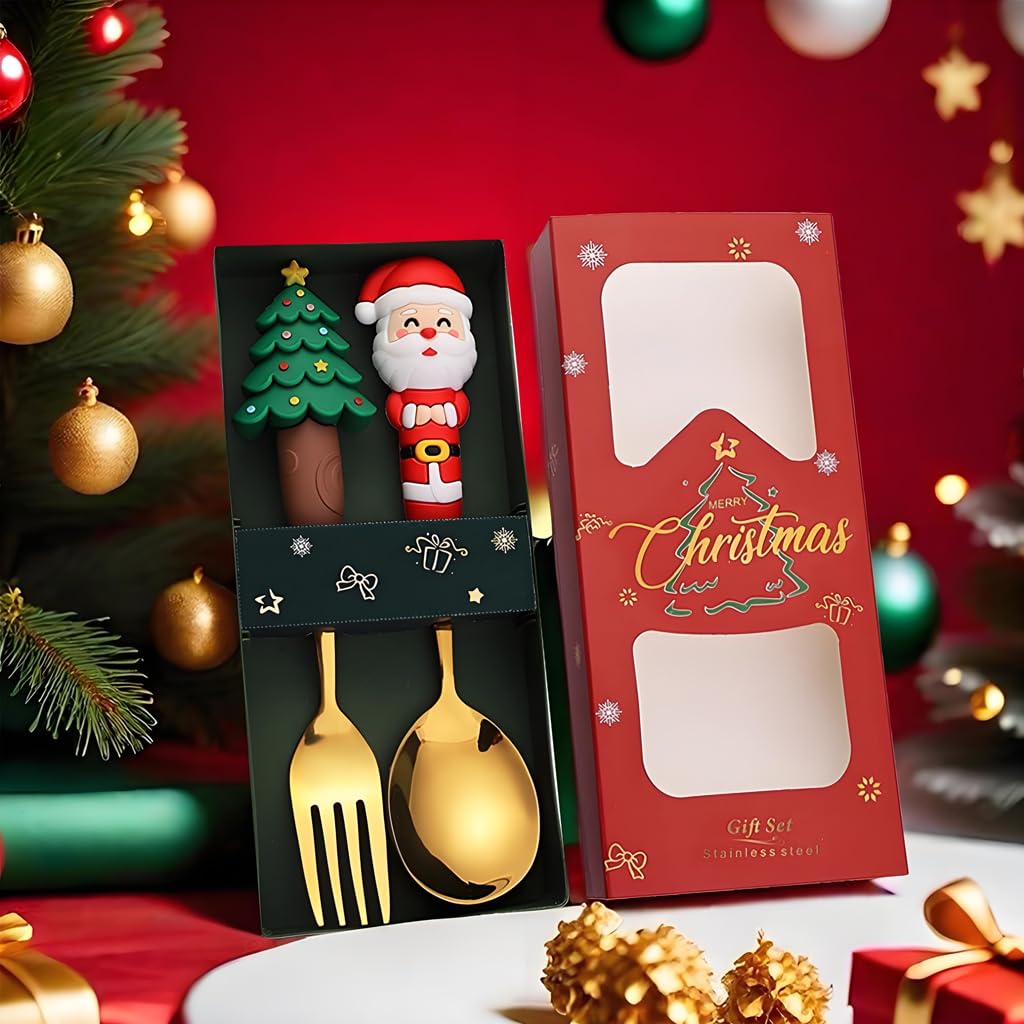 HASTHIP Christmas Spoon and Fork Set for Festive Dining with Santa and Tree Toppers | 2PCS Gold Stainless Steel Flatware in Gift Box