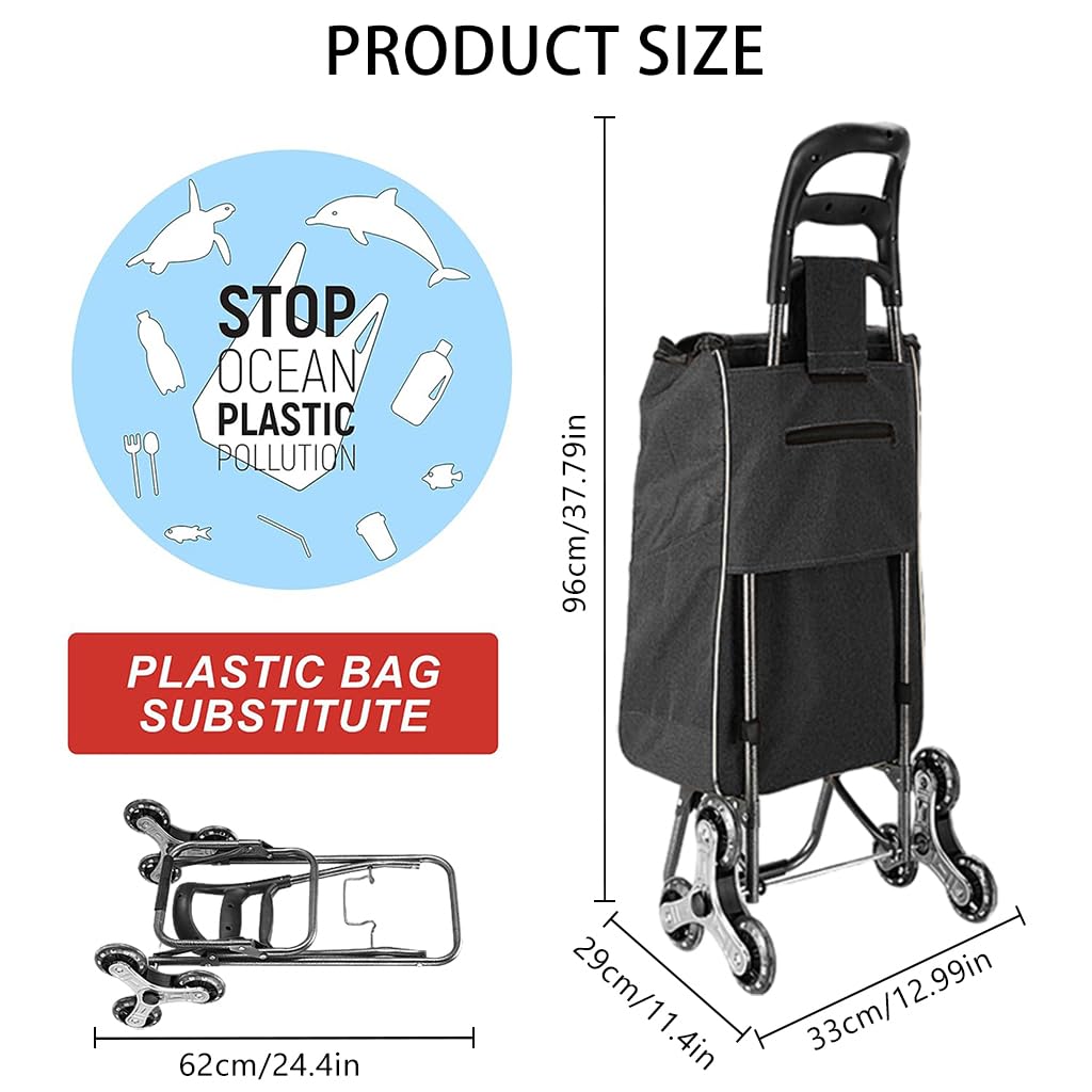HASTHIP® Shopping Cart with Wheels, Foldable 6-Wheel Luggage Trolley Heavy Duty Shopping Hand Truck Load Capacity 77-110lbs, 35L Large Capacity Stair Climber Trolley for Shopping, Moving