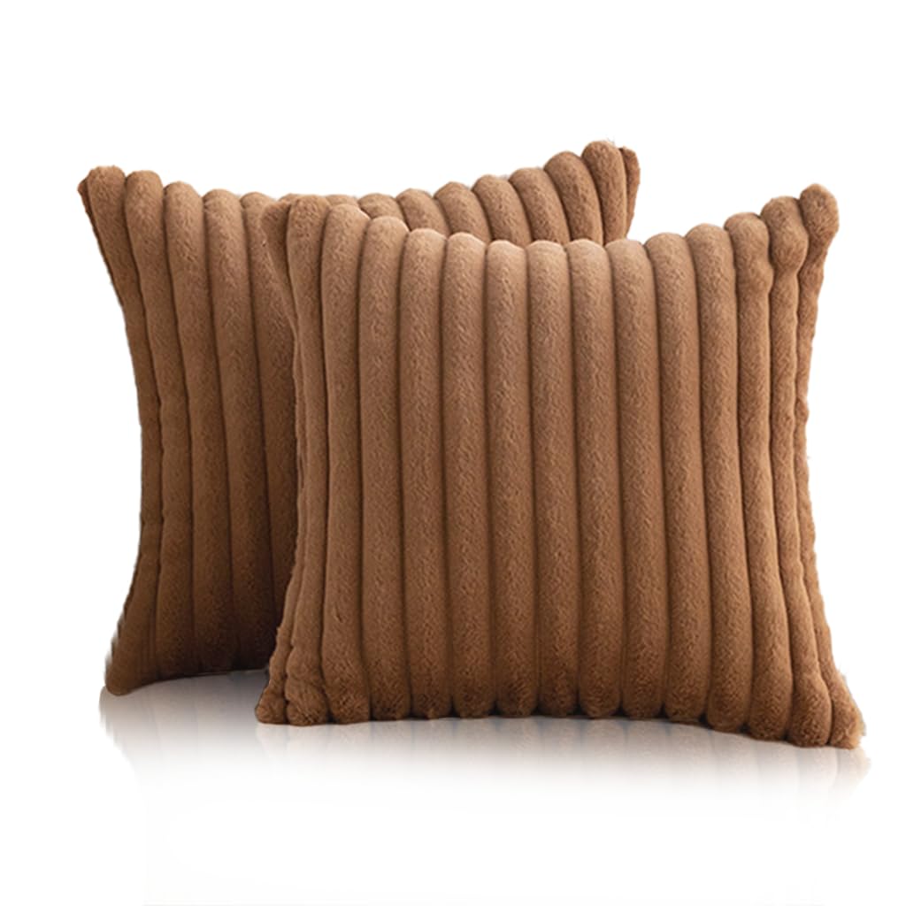 HASTHIP Faux Rabbit Fur Cushion Covers 18x18 Inch with Hidden Zipper | Khaki Set of 2