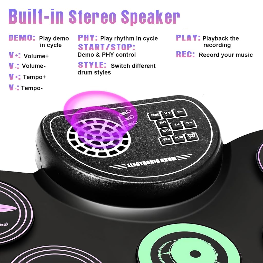 HASTHIP Electronic Drum Set for Beginners with 9 Pads and Dual Pedals | Portable Roll Up Design
