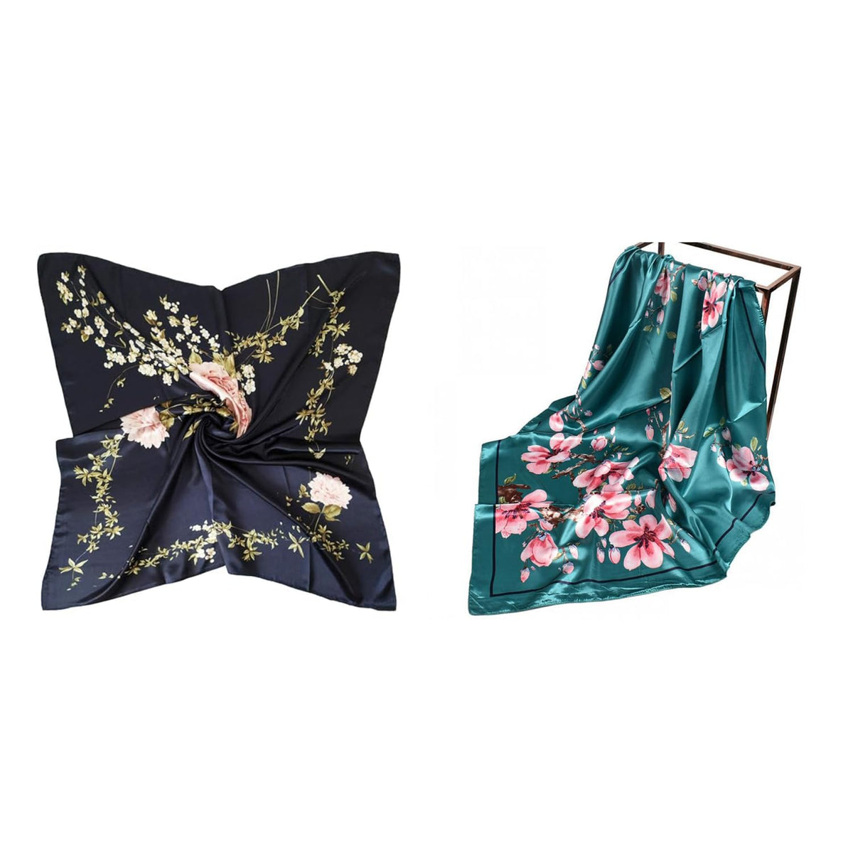 HASTHIP Square Scarf for Women 2 Pcs 35 in Set with Floral Prints in Navy Blue and Green | Soft Satin Silk for Office Travel and Parties