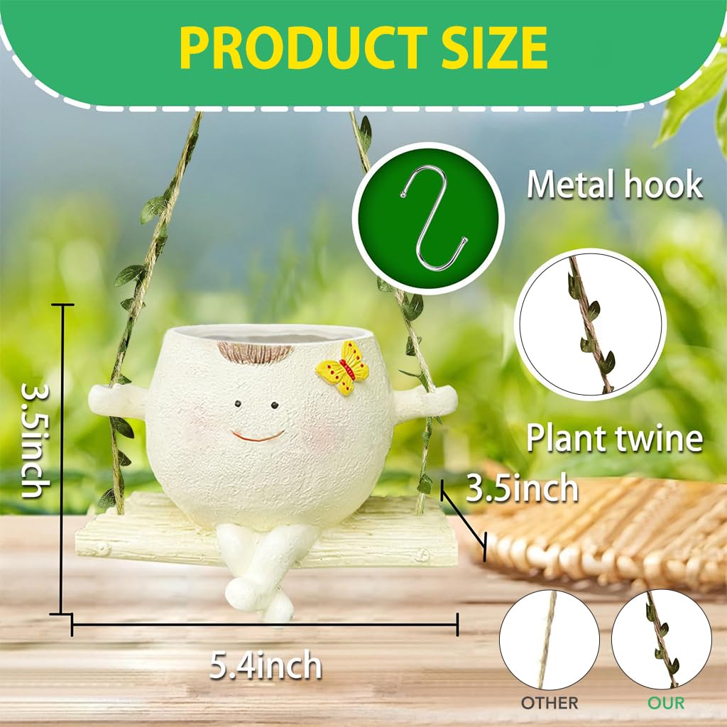 HASTHIP Swing Hanging Flower Pot for Indoor and Outdoor Plants with Eco Hemp Rope | 13.5x9x9 cm Resin Planter for Succulents and Herbs