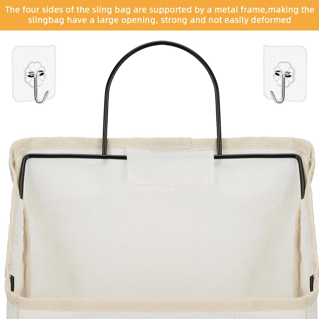 HASTHIP Wall Hanging Storage Bag for Bathroom and Bedroom with Metal Frame | 2 Pack White Cotton Organizer