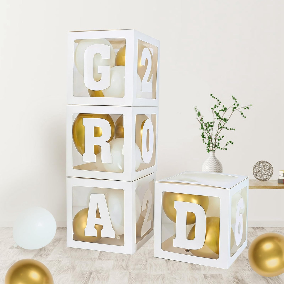 HASTHIP® GRAD Transparent Balloon Cube Box Set for Graduation Party Decorations, 4 Pack White Clear Display Boxes with G/R/A/D Letter, for Graduation Ceremony Backdrop, Photo Booth Props