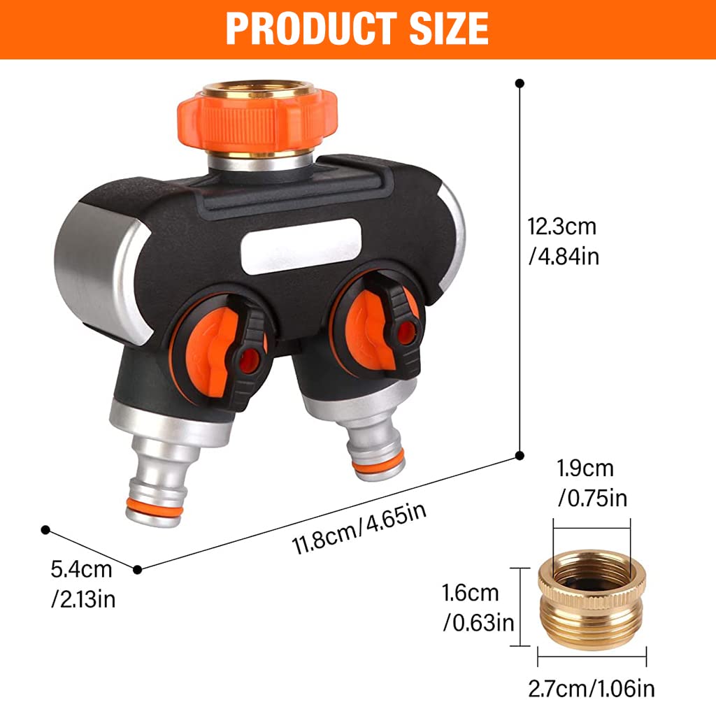 Splitter 2 Way for Tap and Splitter Garden Irrigation, Aluminum Alloy and ABS 3 Way Valve, 3/4 inch and 1/2 inch Water Tap Connectors