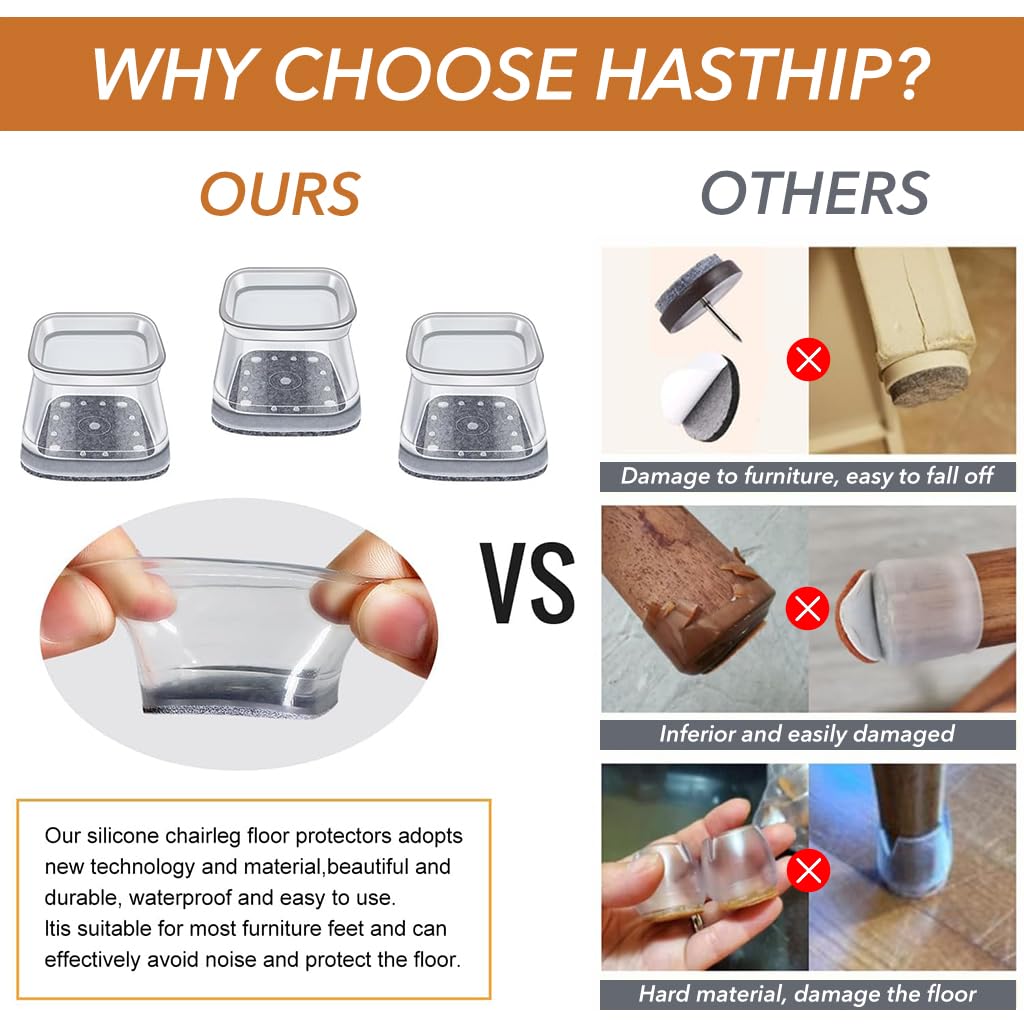 HASTHIP Chair Leg Floor Protectors 16 pcs for 1–1.5 in Legs with Felt Pad Non Slip Silicone | Floor and Noise Protection for Dining and Office Chairs