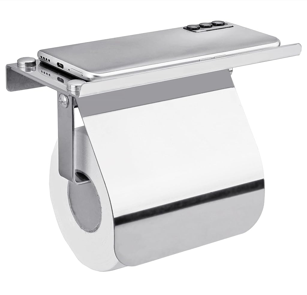 HASTHIP® Stainless Steel Toilet Paper Roll Holder With Storage Shelf, Rust-Resistant, No-Drill Installation, Minimalist Design For Bathrooms,Holds Toiletries & Phones, Durable & Moisture-Proof
