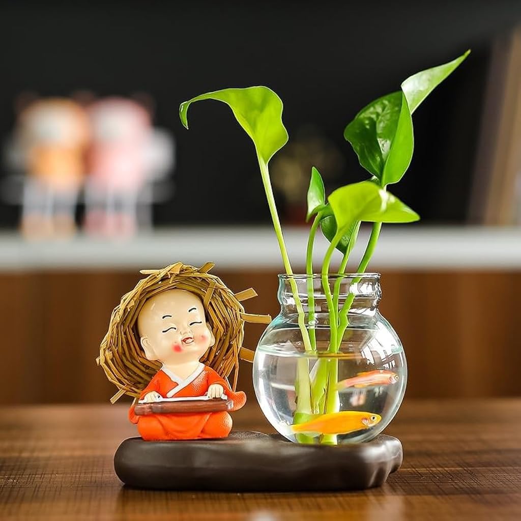 HASTHIP Zen Hydroponic Kit for Desk Decor with Glass Bottle and Smiling Little Monk Figurine