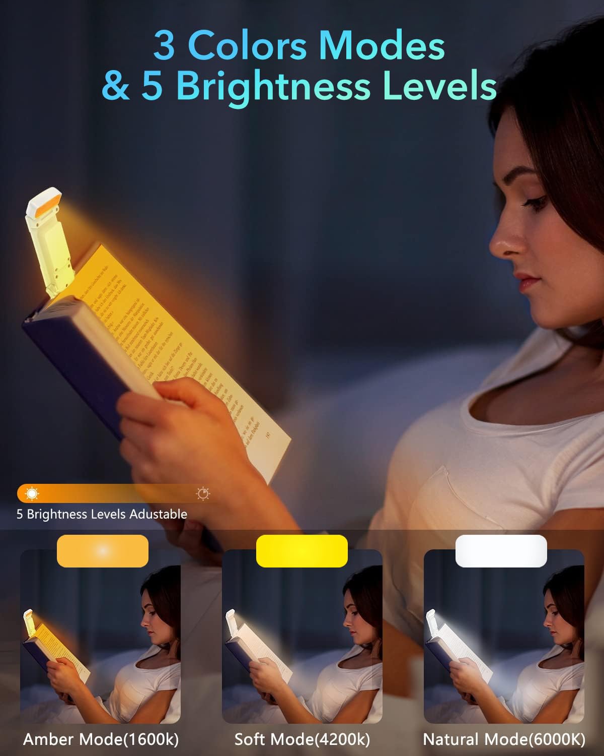 HASTHIP® Book Reading Light with Timer, Clip-On Led Bookmark Lamp with 3 Colors & 5 Brightness Dimmable, Mini Night Reading Lamp for Nighttime R