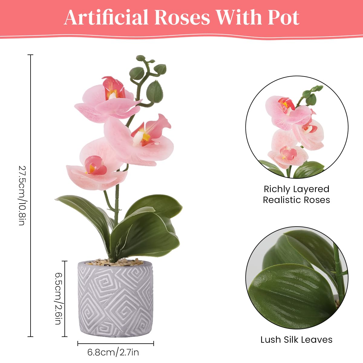 HASTHIP Artificial Orchid Plant for Home Decor with 28 cm Cement Pot featuring Soft Rubber Petals
