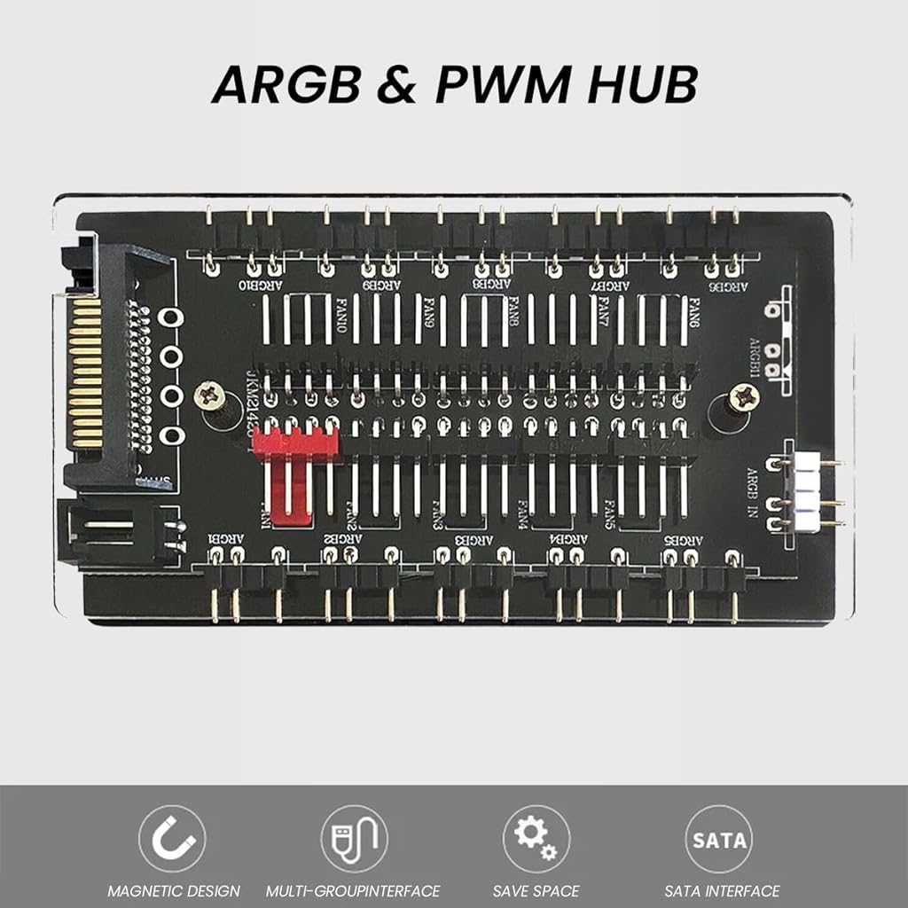 HASTHIP® Concentrador ARGB y PWM de 10 Puertos,Divisor 1 a 10 para Ventiladores 5V 3PIN RGB Direccionable,Hub Adaptador Magnético con Conexión SATA Controlador de Ventiladores PC para
