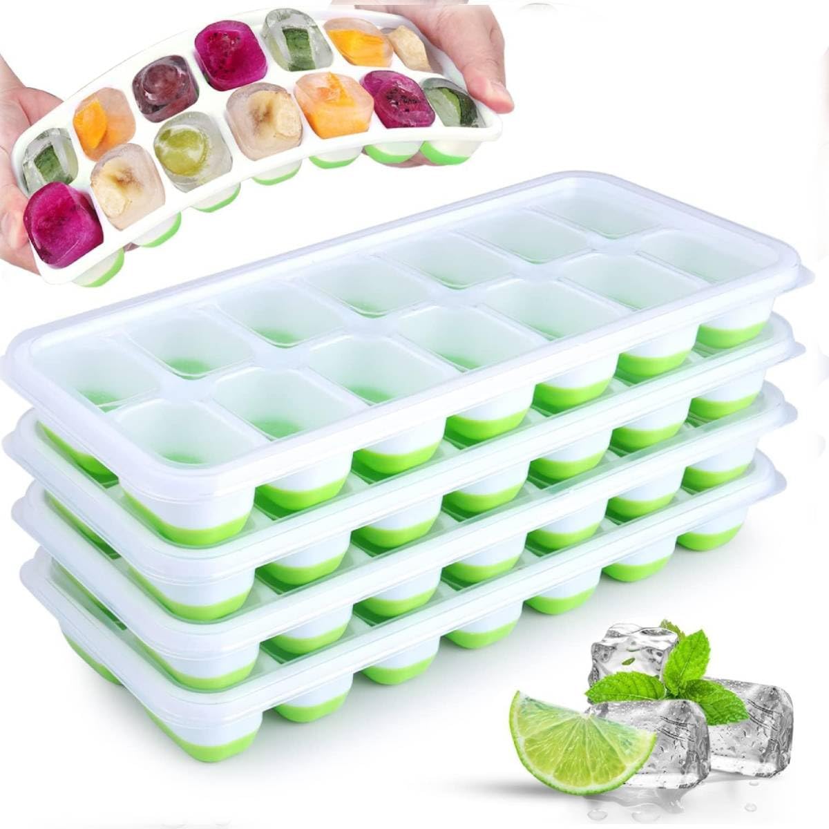 HASTHIP Ice Cube Tray for Freezer Set of 4 with 56 Cubes and Soft TPR Bottom Design