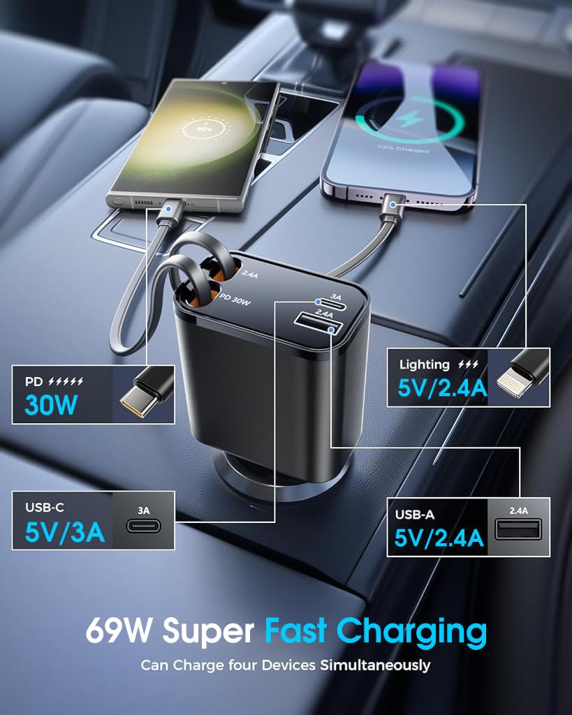 HASTHIP® Car Charger for Phone 4 in 1 PD 30W Fast Charger Dual Retractable Charging Cable Design 180 Degree Rotation Car Charger Universal Car Charger for Phone,