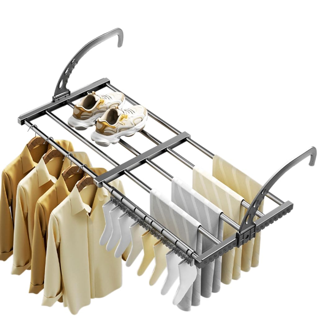 HASTHIP Retractable Cloth Drying Stand for Balcony and Bathroom with 38–55cm Adjustable Design featuring Carbon Steel Construction | Space Saving Laundry Rack