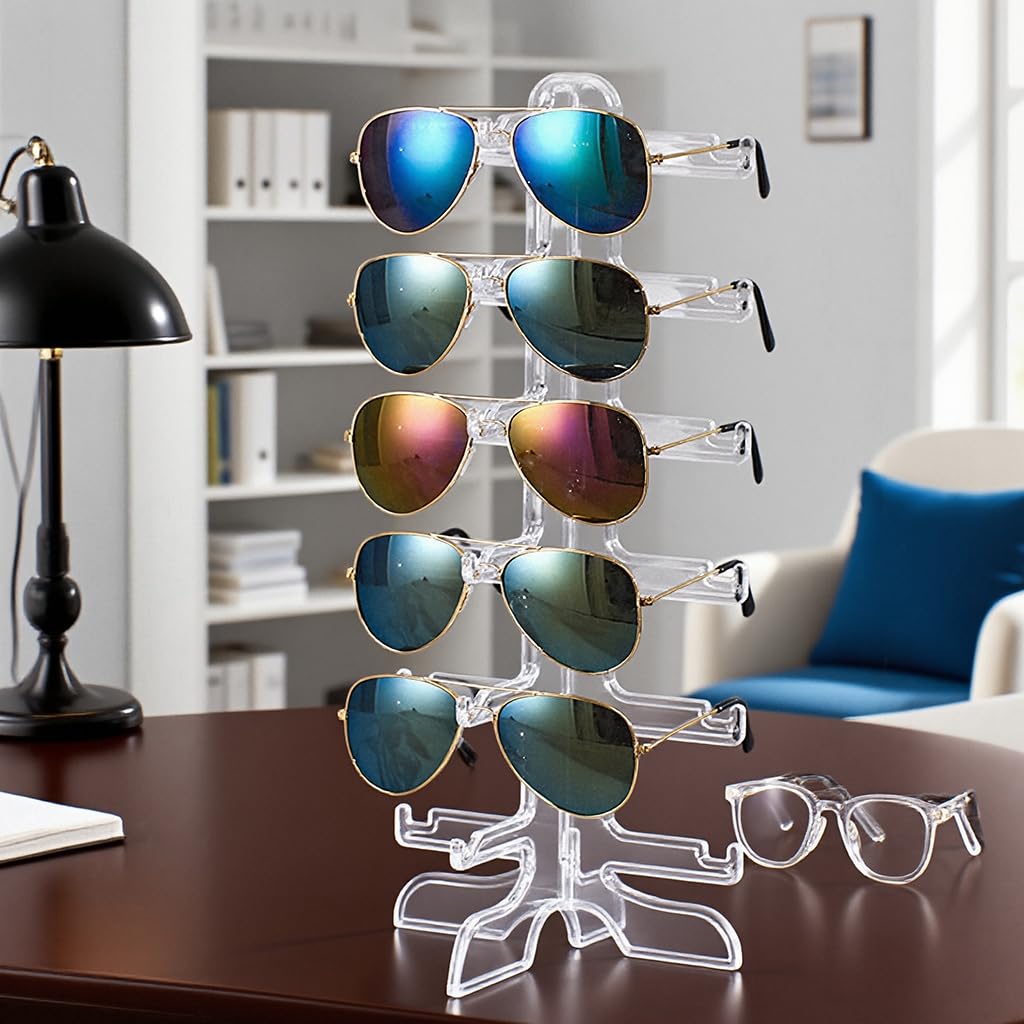 HASTHIP Glass Stand Sunglass Holder for Display and Storage with 6 Pair Capacity | Clear Organizer Rack