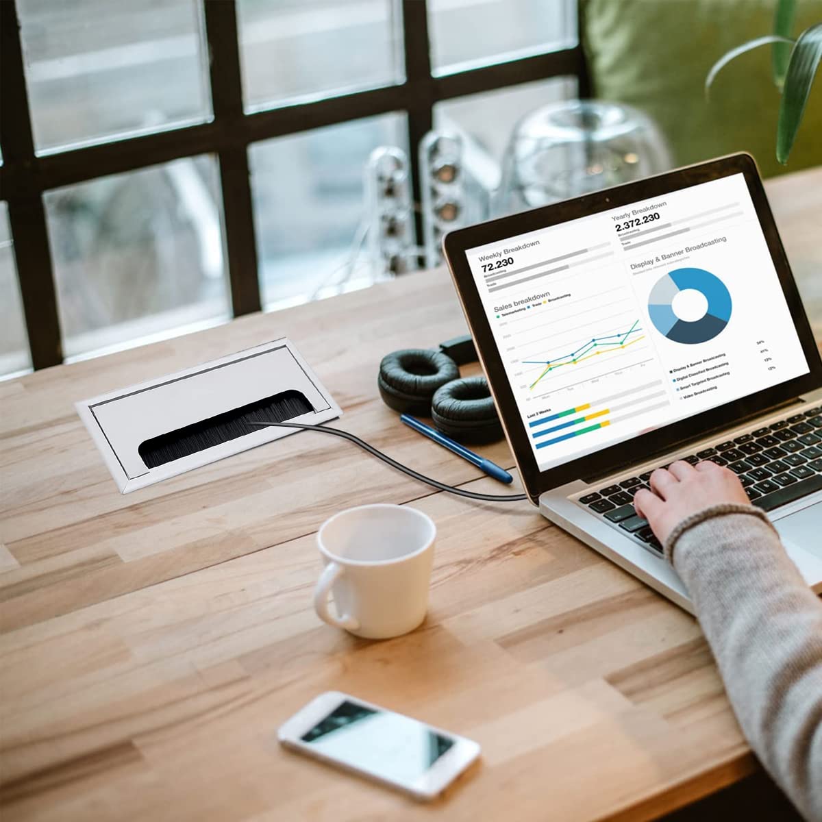 HASTHIP Rectangular Wire Cable Hole Cover for Office Desk with Flip Lid and Brush 280x80mm Silver