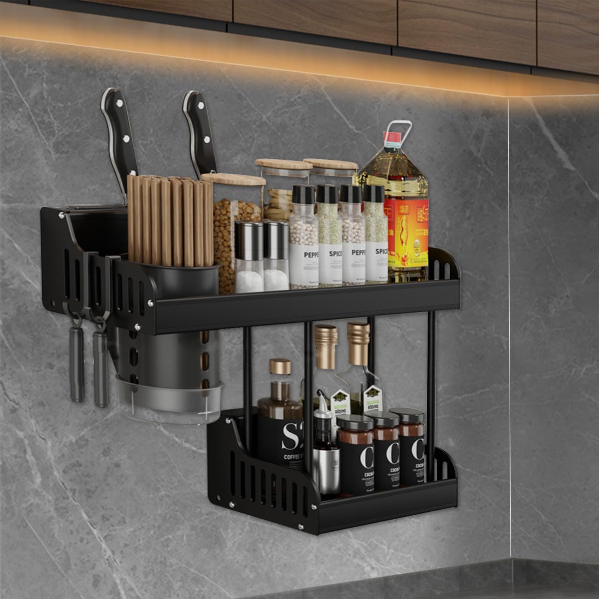 HASTHIP Wall Mount Aluminium Hanging Utensil Display Rack for Kitchen Storage with Double Layer Design