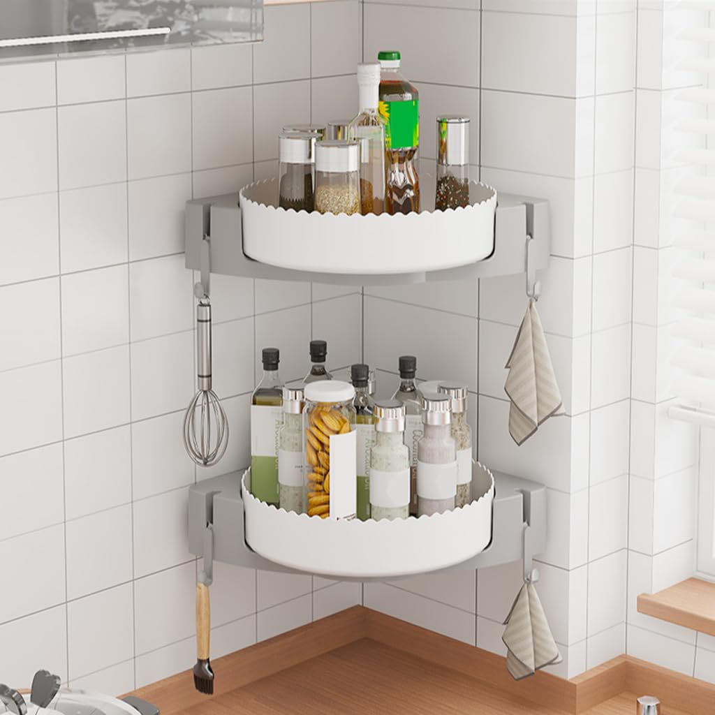 HASTHIP Bathroom Corner Shelves for Toiletries with 360° Rotating Design and Hooks | No-Drill 2Pcs Set