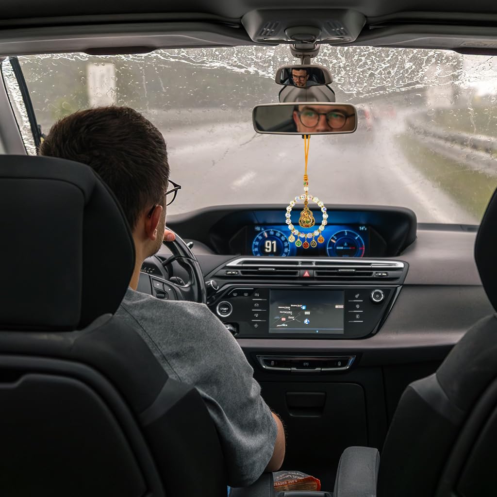 HASTHIP Car Hanging Ornament for Rearview Mirror featuring Golden Alloy Gourd and Crystal Beads | Good Luck Car Decor Gift