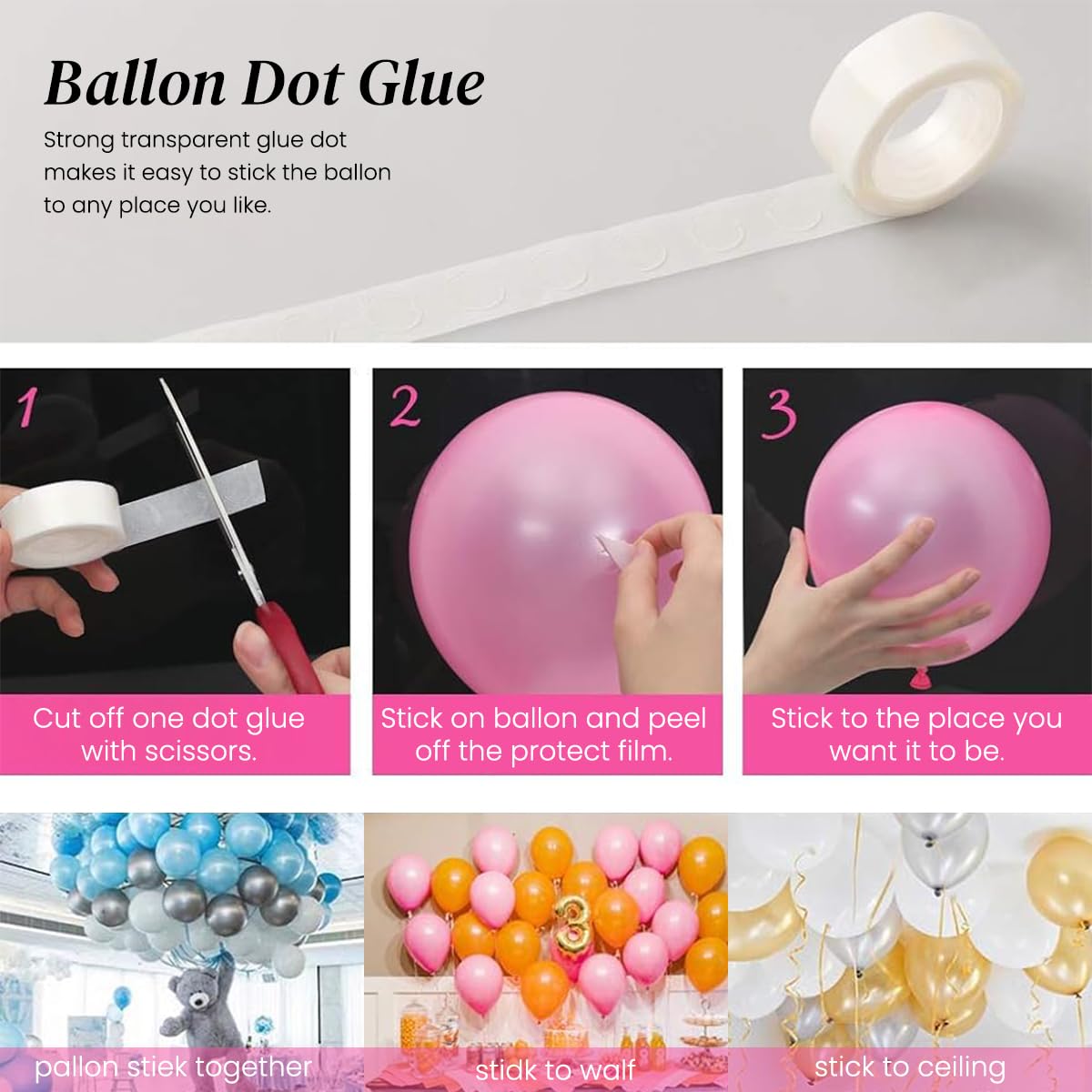 HASTHIP Balloon Decorating Strip Kit for DIY Arch Garland with 32Ft Tape & 300 Dots | Includes Tying Tools and Flower Clips