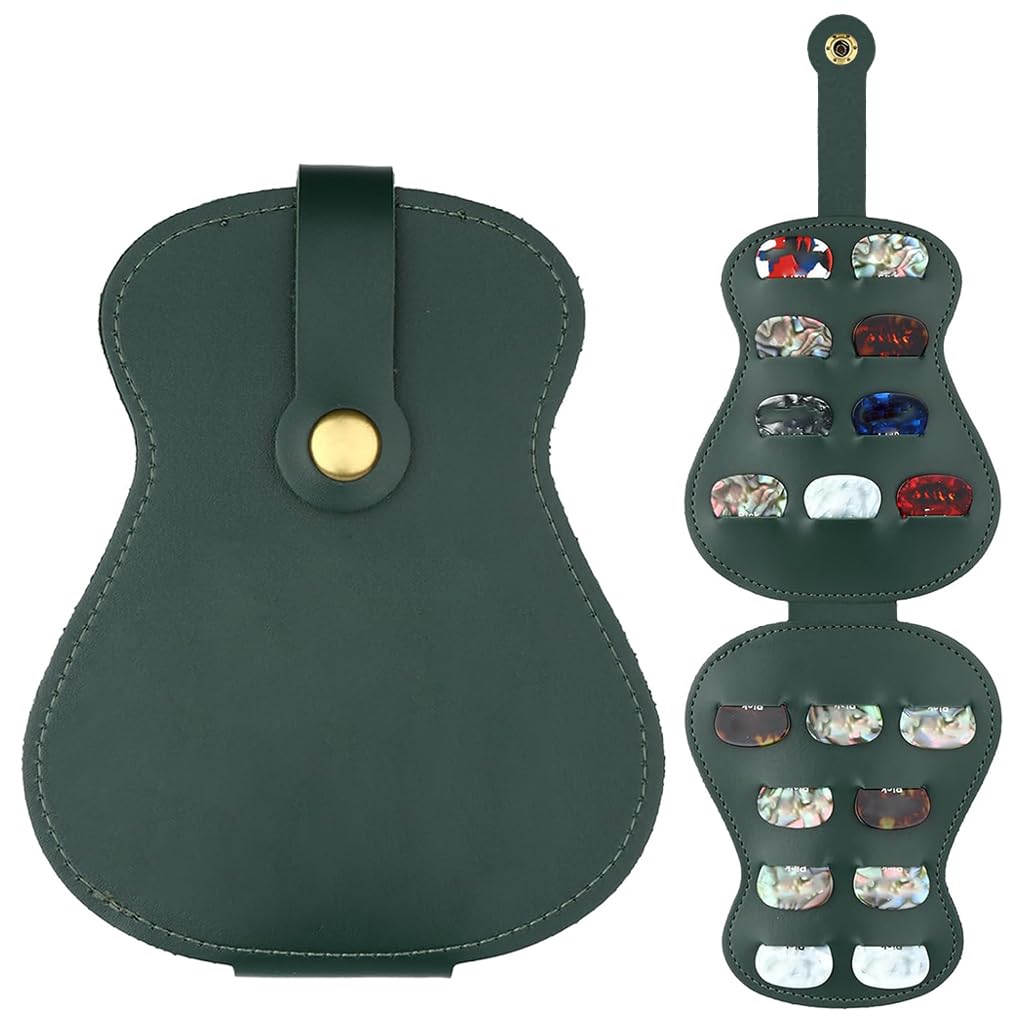 HASTHIP Guitar Pick Holder Case for 18 Picks featuring Bi Fold Design with Snap Closure and Green PU