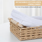 HASTHIP Desk Organizer for Bathroom and Dresser with Wooden Handle | 2 Sizes 30x20x10cm & 25x15x8cm Rustic Rattan Fabric Lined Storage Box