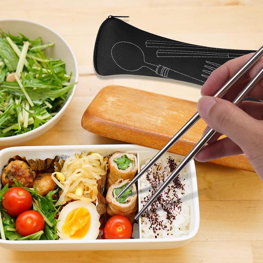 HASTHIP Flatware Set for Travel and Daily Dining with Storage Bag | 7Pcs 304 Stainless Steel Cutlery Featuring Chopsticks and Straw Brush