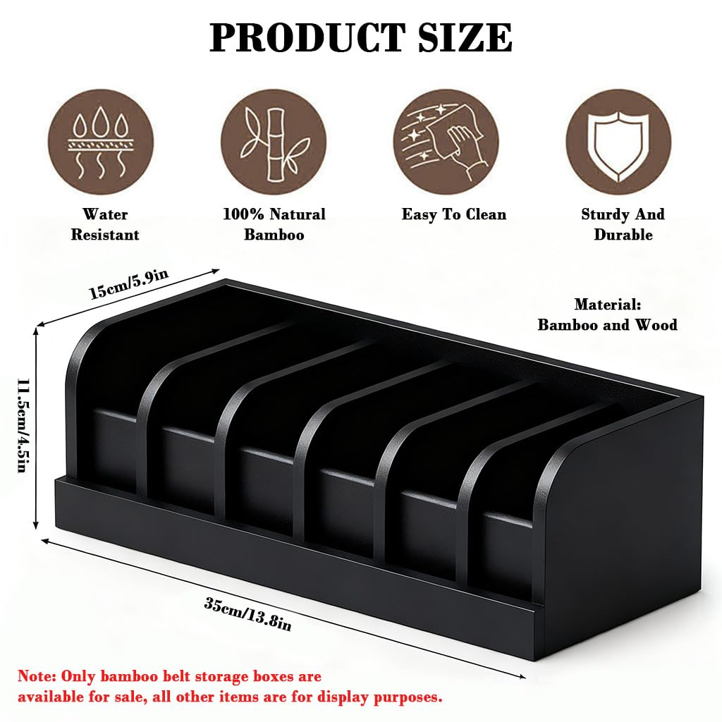 HASTHIP® Belt Organiser for Wardrobe, Belt Organizer Box, Wooden Waist Belt Holder, 5-Compartment Design, Multi Purpose Wardrobe Storage Box for Tie, Belts, Accessories, 35x15x11cm