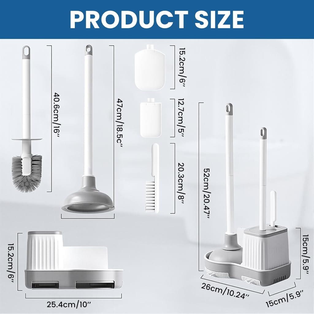 HASTHIP Toilet Brush Kit for Bathroom Cleaning with 3 Piece Set and 360° Deep Scrub | Plunger and Storage Rack